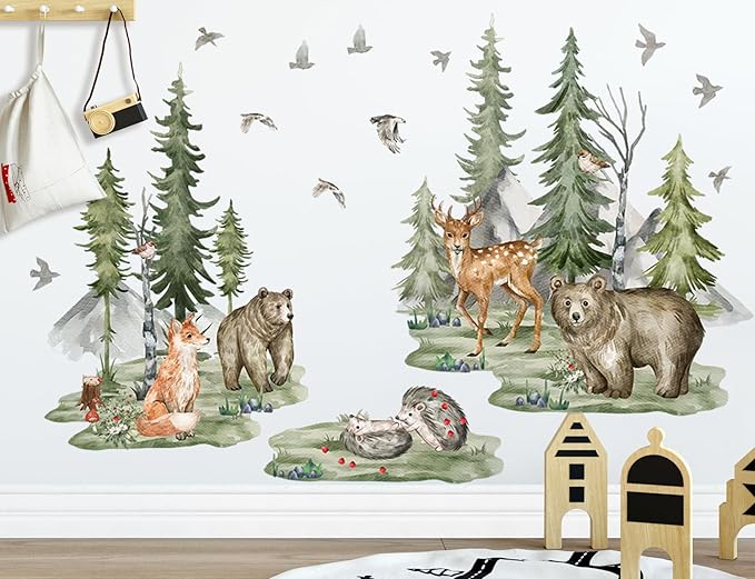Large Jungle Animals Wall Decals Forest Tree Wall Decal Peel and Stick Woodland Bear Fox Deer Wall Stickers Giant Mountain Art for Bedroom Nursery Room BM6052-ZL