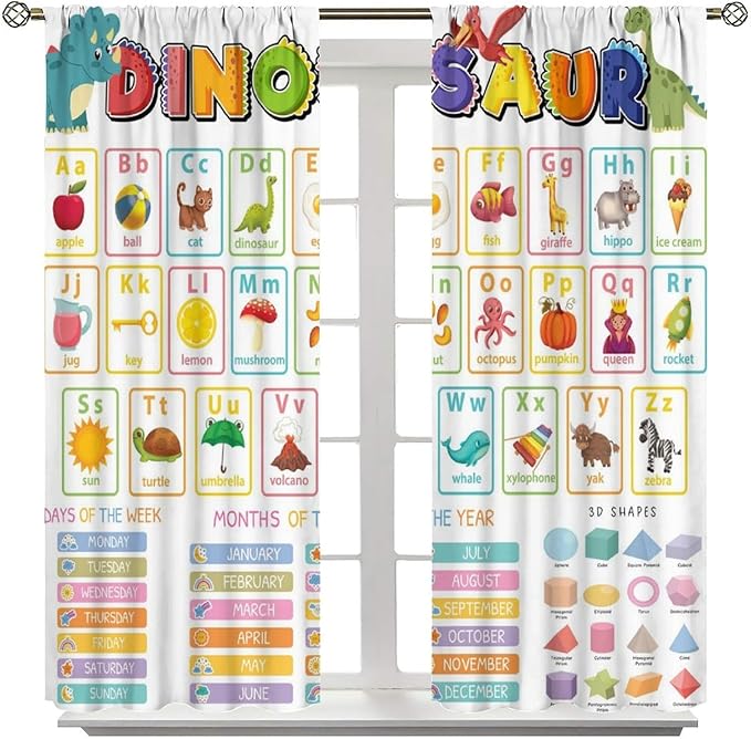 Funny Kids Alphabet Curtain, Cartoon Animal Alphabet Learning Dinosaur Boys Kids Students Baby Educational Colorful Blackout Window Treatments for Bedroom Living Room School 52" W X 84" L