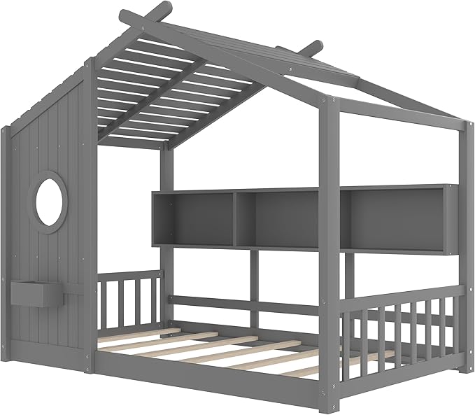 Twin Size Floor House Bed with Roof and Window for Kids, Wooden Playhouse Bed with Storage Shelves for Bedroom Furniture Girls & Boys (Gray/L2, Twin)