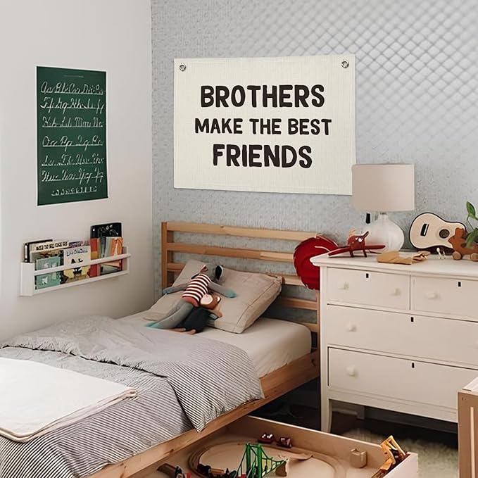 Brothers Make The Best Friends Banner, Boys Room Decor, Toddler Boy Linen Banner Wall Hanging Flag Decor for Nursery 20x30 - White