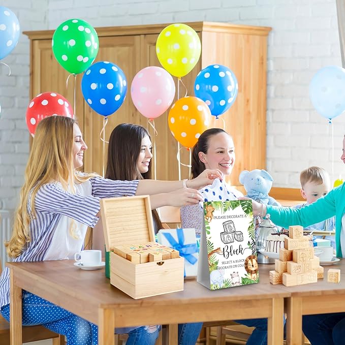 Marsui 136 Pcs Baby Shower Blocks to Decorate Game Kit Includes 98 Wooden Blocks, 36 Markers, 1 Game Sign, 1 Storage Box for Baby Shower Gender Reveal Activity Party Decorations(Animal)
