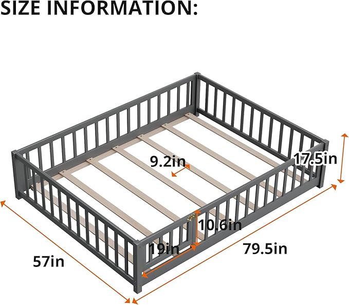 i-POOK Full Floor Bed for Children, Sturdy Wood Montessori Bed Frame with Wood Slats, Fence & Door for Girls and Boys, Gray (with Bed Slats)
