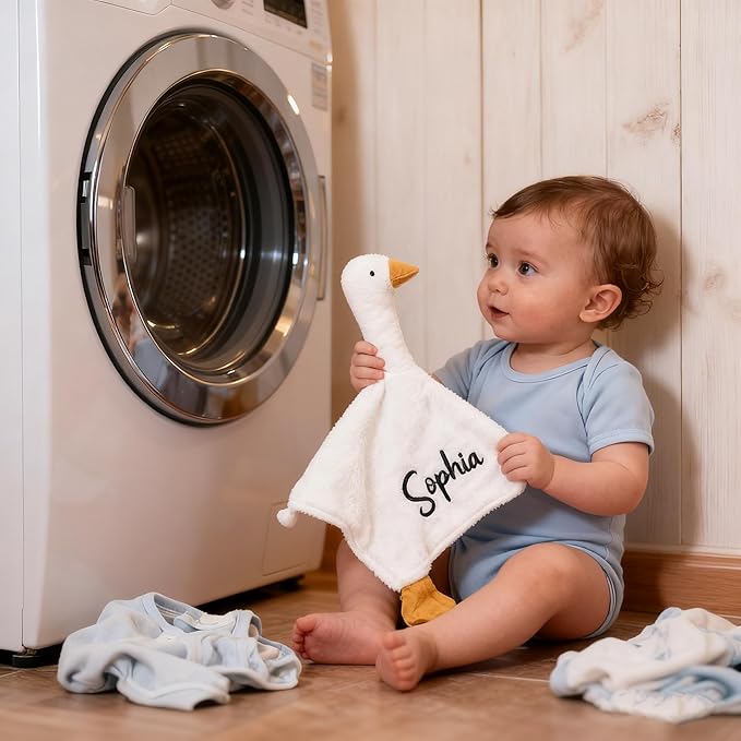 Personalization Baby Lovey Blanket,Organic Cotton Muslin Security Blanket with Cute Goose Design | Hypoallergenic Newborn Gift for Christening, Baby Shower & Nursery Essentials
