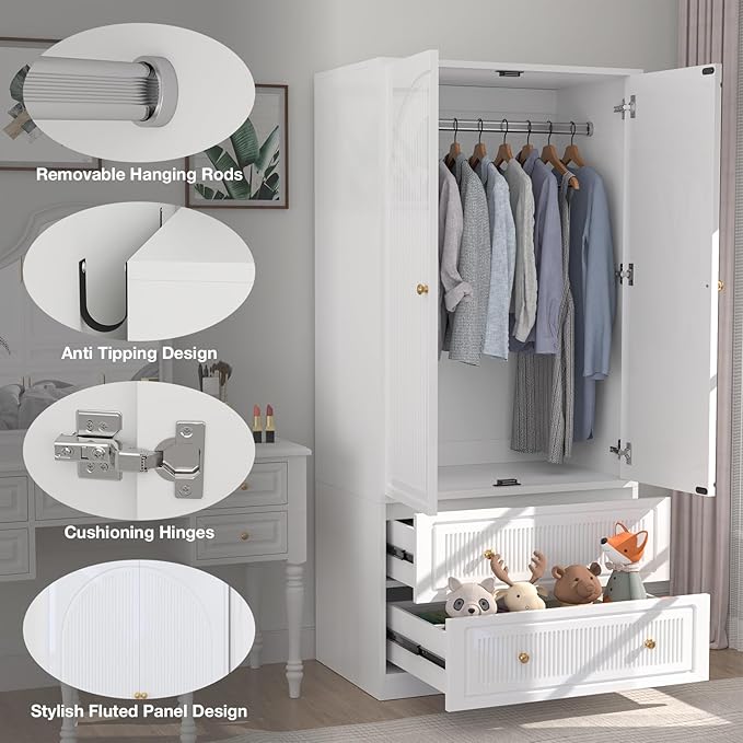 71" White Wardrobe Closet with 2 Door & 2 Drawers, Tall Armoire with Hanging Rod, Freestanding Large Capacity Clothing Wardrobe Cabinet w/Gold Handles for Bedroom