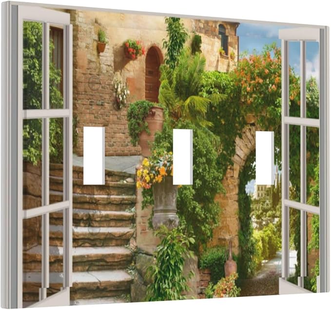 Mediterranean Greece Scene Flowers Triple Toggle Light Switch Cover 3 Gang Wall Plate Decorative Italian Town from Another Window Electrical Facplate for Bathroom Kitchen Home 6.7" x 4.8"