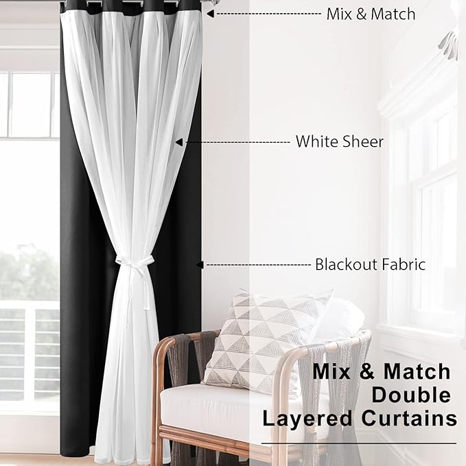 Hiasan Black Blackout Curtains with Sheer Overlay, Grommet Thermal Insulated Mix & Match Double Layer Window Curtains for Bedroom, Living Room, 2 Drape Panels Sewn with Tiebacks, 60W X 84L