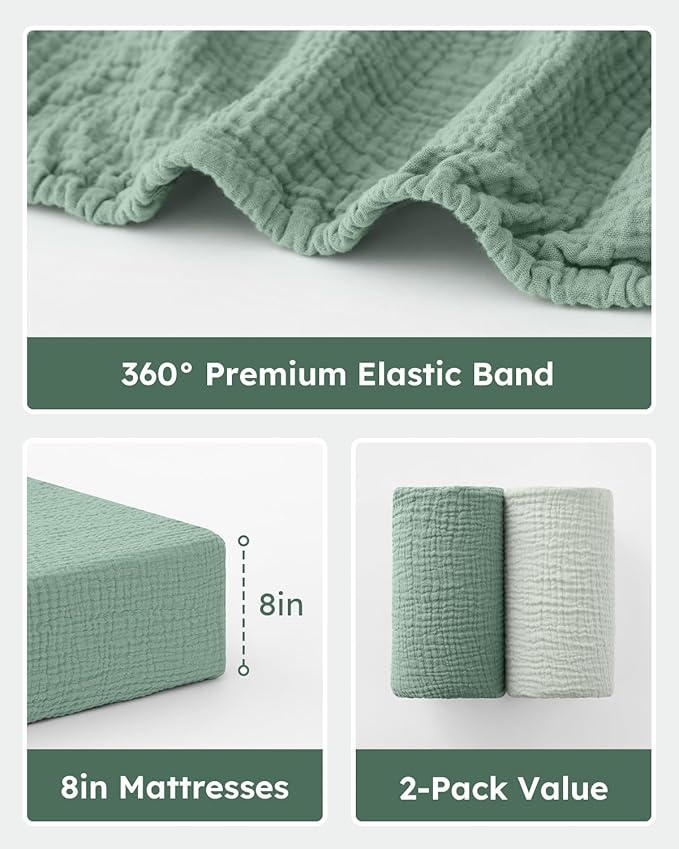 Muslin Crib Sheets for Boys Girls, 100% Cotton Fitted Crib Sheet 2 Pack for Standard Crib and Toddler Mattress, Breathable Soft Baby Sheet 28x52x8in Gradient Green