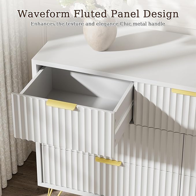 LYNSOM Fluted Dresser for Bedroom, White 7 Drawer Dresser with Gold Handles and Wide Drawers, Wood Chest of Drawers for Bedroom, Hallway