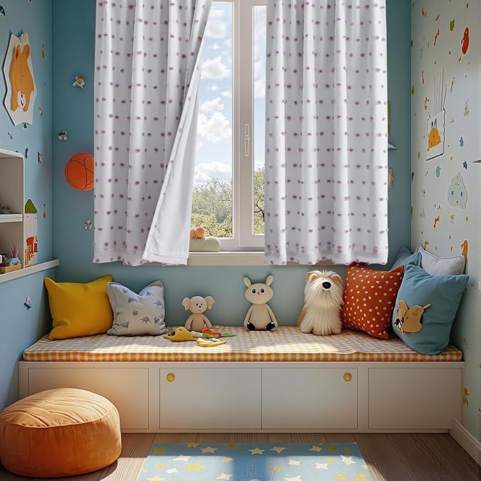 MYSKY HOME 100% Blackout Curtains for Girls Bedroom 63 Inch Long Purple Pom Pom Curtains for Kids Room 2 Panels Room Darkening Kitchen Window Treatment 2 Layered Drapes Toddler Back Tab 52W x 63L