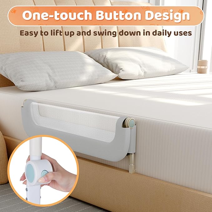 omzer Large Bed Guard Rail for Toddlers - 59inch Foldable & Adjustable Heights Baby Bed Safety Railing - Toddler Long Bed Rails Guard for Twin, Bunk, Queen & King, Full Size Bed Grey