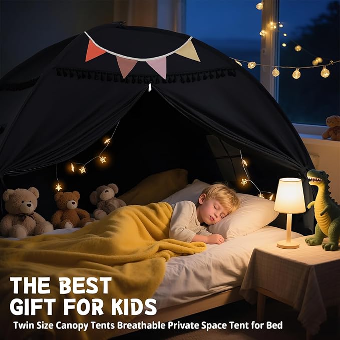 Full Size Bed Tent Canopy: Lights & Flags Indoor Floor Bed Kids Tent Playhouse - Space Blackout Sleeping Tents Indoor Breathable Portable Cottage Drafty Room Floor (Large Black)