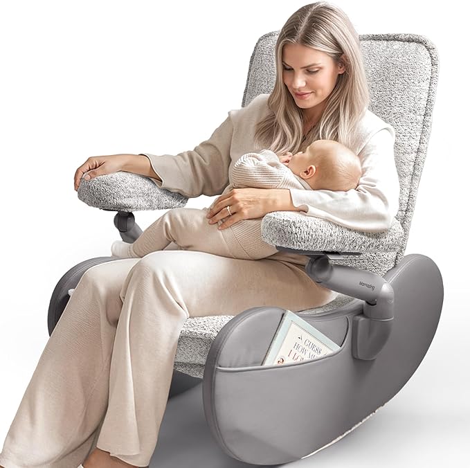 MAMAZING Nursery Rocking Chair Glider with Adjustable Armrests for Breastfeeding, Upholstered Nursing Chair with Removable Cover for Mom and Baby(Grey/Grey)