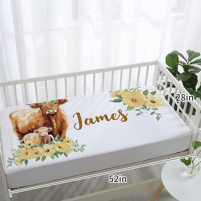 Custom Baby Crib Bedding Set,Personalized Name Yellow Flower Highland Cow Nursery Bed Set 4 Piece,Baby Blanket Fitted Sheet Nursery Rug Wall Art Set,Custom Room Decor Idea Gift for Newborns Boys Girls