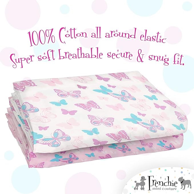 Frenchie Mini Couture, Fitted Pack n Play Sheets, 2 Pack, 100% Woven Cotton, Pack and Play Mattress Sheets, Fits Most Mini Crib & Playard, 27 x 39 x 4in, Butterfly