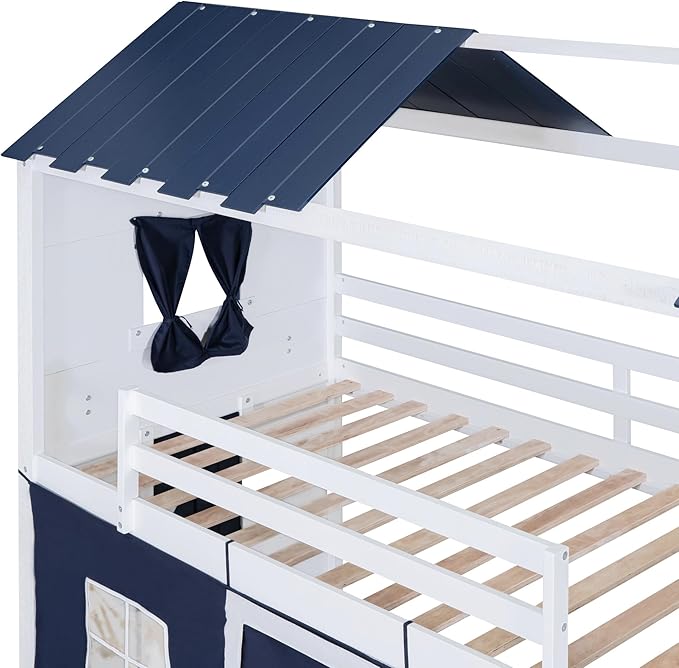 MERITLINE Twin Over Twin Princess Castle Bunk Bed with Tent,Ladders and Guardrail, Solid Wood Playhouse House Floor Bunk Bed with Windows and Roof (Blue & White)