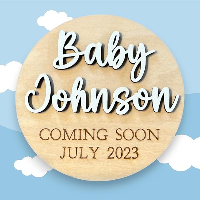 Generic Baby Coming Soon Personalized Sign with Date, Pregnancy Announcement Plaque, Maternity Photo Prop, Baby Announcement Sign (5, 6, 7, 8 inches, Birch)