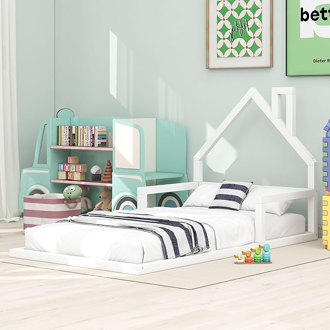 Harper & Bright Designs Twin Size Floor Bed with House Shaped Headboard, Montessori Floor Bed for Kids, Solid Wood Low Bed Frame for Bedroom, Playroom, Wooden Slats Support, White