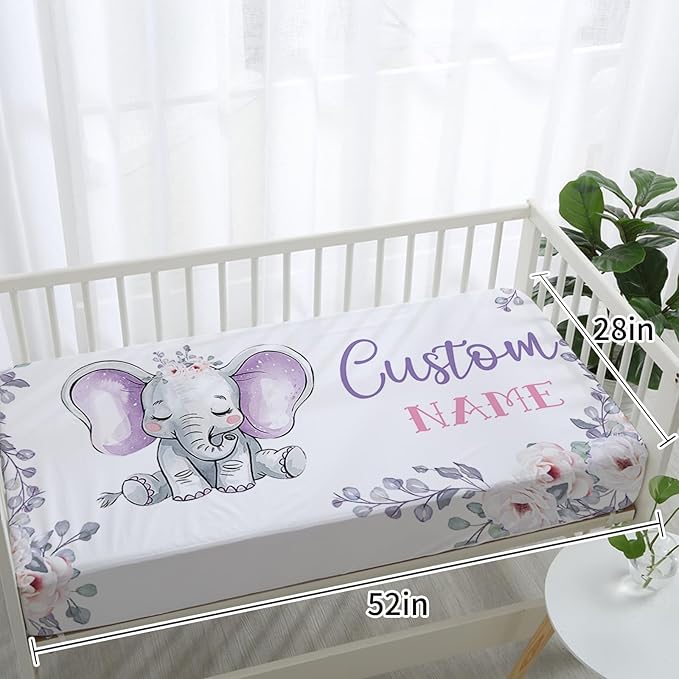 Custom Baby Crib Bedding Set,Personalized Name Light Purple Elephant Nursery Bed Set 4 Piece,Baby Blanket Fitted Sheet Nursery Rug Wall Art Set,Custom Room Decor Idea Gift for Newborns Boys Girls
