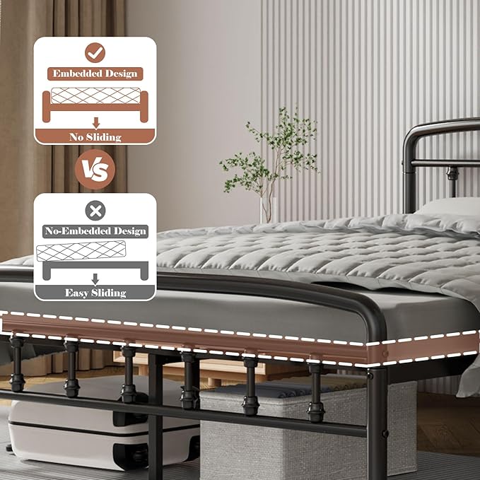 Queen Bed Frames with Headboard, Heavy Duty Bed Frames with Headboard Noise-Free Design & 12" Underbed Storage,No Box Spring Needed/Tool-Free 30 Mins Assembly