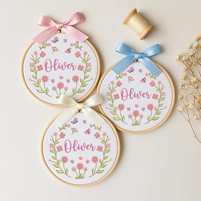 Personalized Baby Name Sign Welcome Baby Announcement Sign Newborn Baby Embroidery Hoop with Bows Baby Hospital Name Sign Custom Infant Baby Name Baby Shower Gifts (04)
