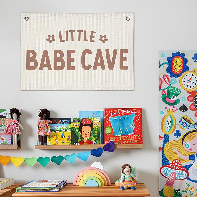 Little Babe Cave Banner, Baby Girl Nursery Decor, Toddler Boy Girl Room Decor, Baby Shower Flower Linen Canvas Banner Wall Hanging Flag 20x30 Inch
