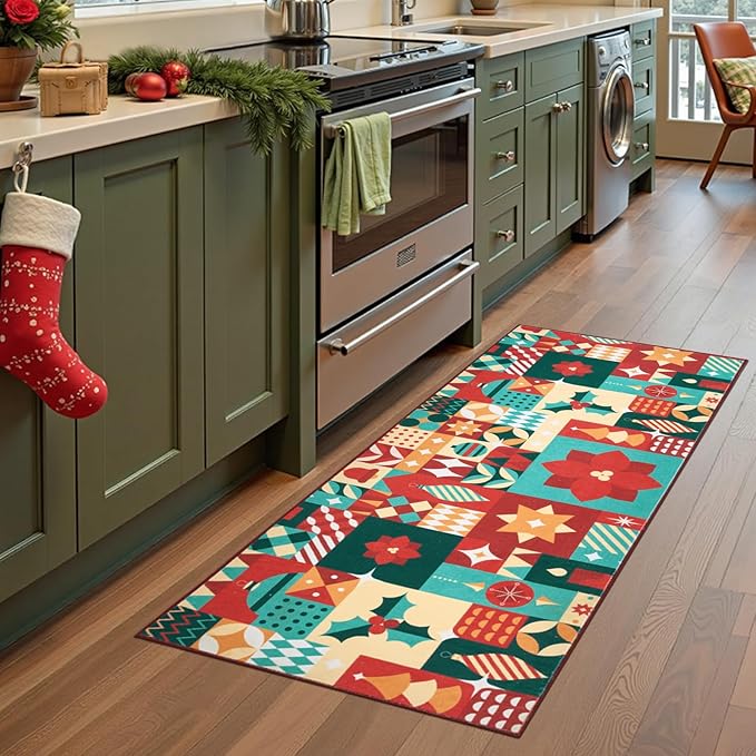 jinchan Christmas Runner Rug 2x5 for Entryway Washable Christmas Kitchen Rug Xmas Geometric Floor Mat for Hallway Non-Slip Soft Carpet Festive Red-Green Holiday Patch Decor for Bathroom Porch Bedside