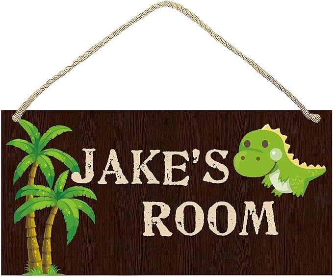 Personalized Name's Dinosaur on brown background & palms Nursery Kid's Children's Girls Bedroom Door Sign Wood Plaque Sign Wall Decor Gift