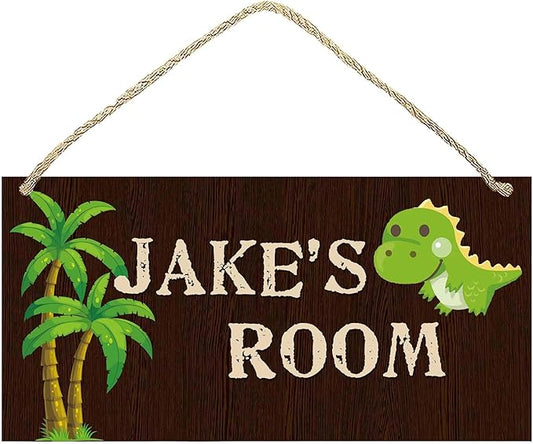 Personalized Name's Dinosaur on brown background & palms Nursery Kid's Children's Girls Bedroom Door Sign Wood Plaque Sign Wall Decor Gift
