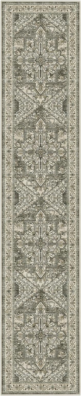 WITSHOCK 2x10 Long Runner Rug for Hallway: Washable Distressed Boho Low Pile Stain Resistant Foldable Carpet for Bedroom Kitchen Entryway Indoor Entrance, Oriental Farmhouse Floor Rug, Brown/Lvory