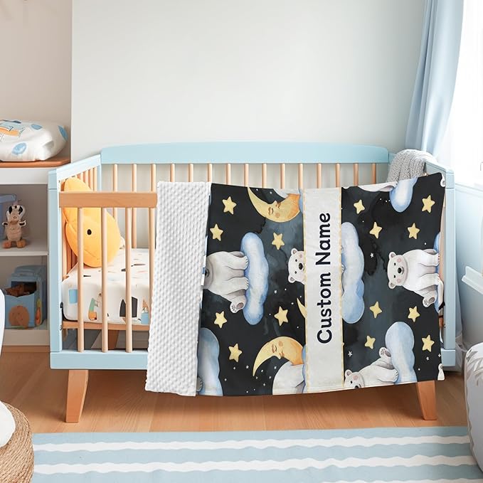 Custom Baby Blanket with Name, Double Layer Soft Dot Back Personalized Baby Blanket for Boys Girls, Polar Bear Blanket for Newborn Toddler, Customized Swaddle for Kids Birthday Gifts(60" x80)