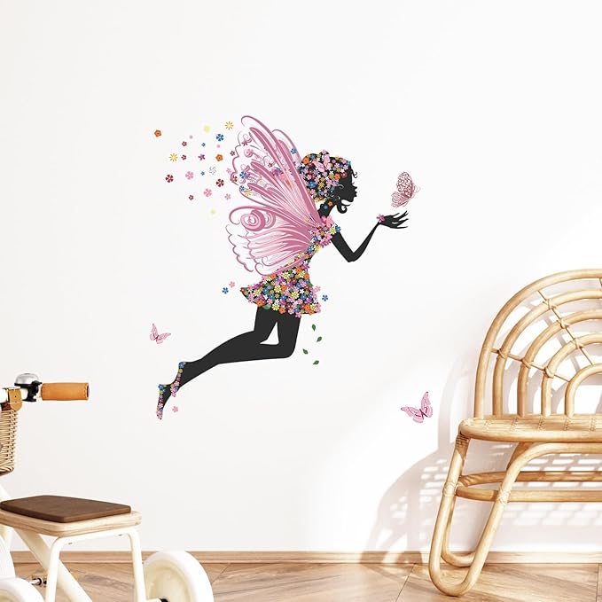 Supzone Butterfly Girl Wall Stickers - Flowers Fairy Wall Decal Removable Vinyl Art Stickers for Girls Baby Nursery Kids Bedroom Living Room Bathroom Decor Mural