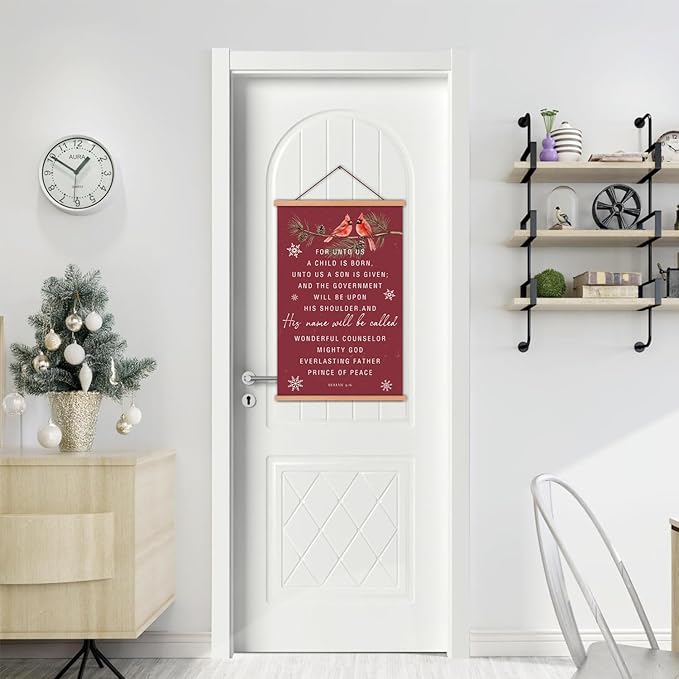 KAIRNE Christmas Canvas Wall Art,Christian Poster With Wooden Hanger(13.8”X22”),Bible Verse Wall Decor,Snow Red Bird Picture,Christmas Gift for Friends Family Living Room Bedroom Farmhouse Decor