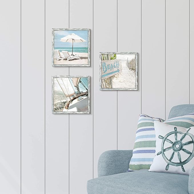 Beach Framed Wooden Wall Art: Ocean Pictures Coastal Art Prints Seaside Artwork Collection Set of 3 Seascape Decorations for Bedroom