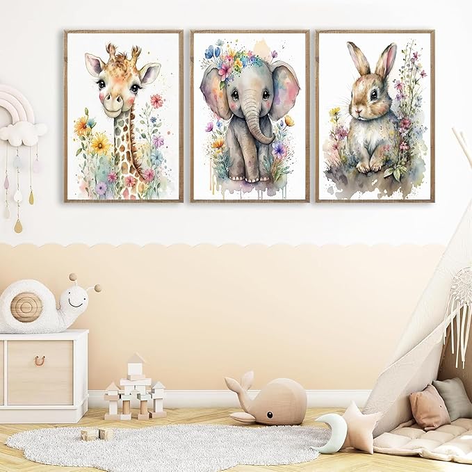 3Pcs Baby Watercolor Safari Animals Nursery Canvas Wall Art Cute Jungle Animals with Wildflower Picture Posters Wall Decor Giraffe Elephant Rabbit Painting Print Artwork for Kids Children Room 12x16in