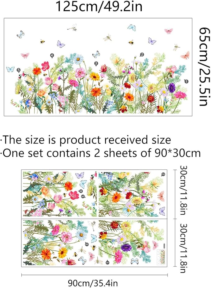 Colorful Flower Wall Decals Butterfly Wildflower Wall Stickers Floral Decor for Girls Bedroom Living Room Bedroom Wall Decor