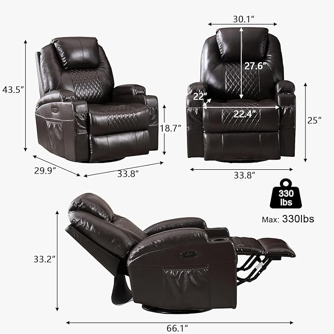 Power Swivel Rocker Recliner Chair with Vibration Massage, 270° Swivel & LED Lights, Electric Glider Reclining Sofa, USB A/C Ports & Storage Pocket for Living Room (1, Brown)