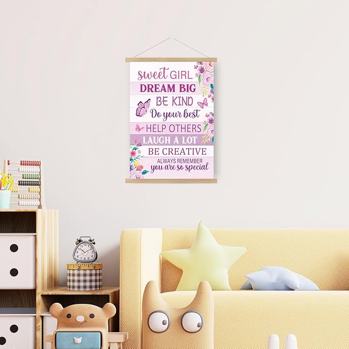 Qswo Positive Affirmations Wall Decor for Girls,Sweet Girl Dream Big Pink Wall Art Poster Hanger Frame,Inspirational Hanging Canvas Wall Decor for Girls Room Dorm Nursery