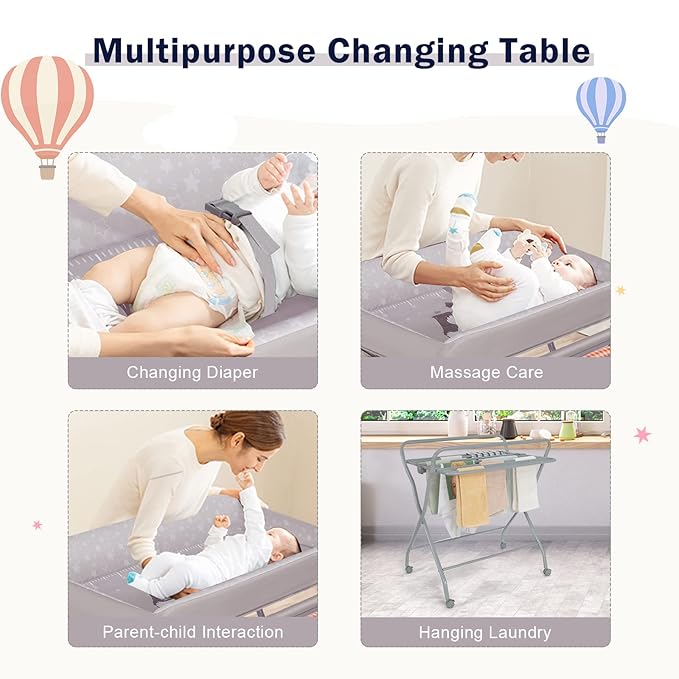 Costzon Portable Changing Table, Mobile Baby Changing Table with Wheels, Safety Belt, Large Storage Basket, Rack & Shelf, Folding Diaper Changing Station Nursery Organizer for Infant Newborn (Gray)