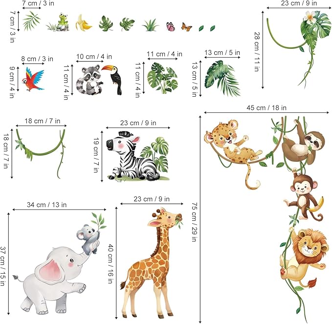 decalmile Safari Animals Wall Decals Jungle Animals Climbing Tree Giraffe Elephant Lion Wall Stickers Baby Nursery Kids Room Wall Decor