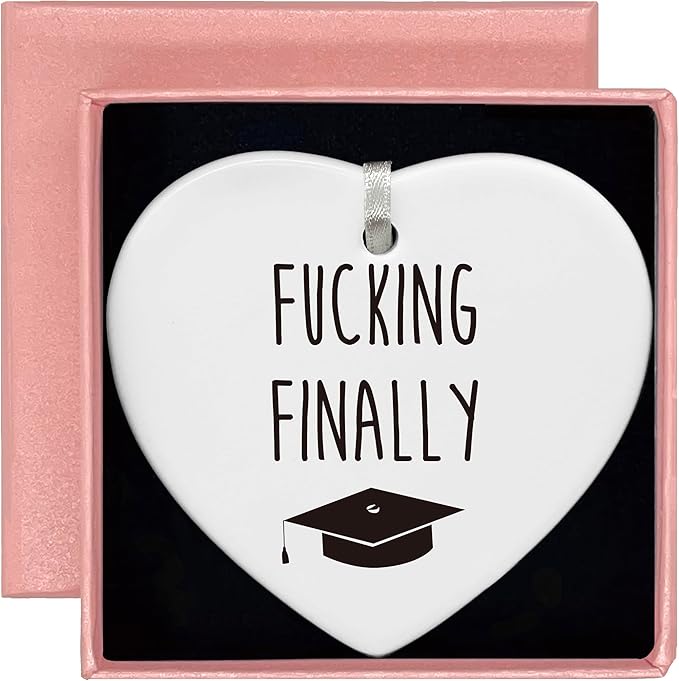 Heart Shaped Christmas Ornament-Funny Graduation Gift for Her-Coworker High School Graduate Congratulations Present-Ceramic Keepsake Decor-Fucking Finally Celebration Ornament
