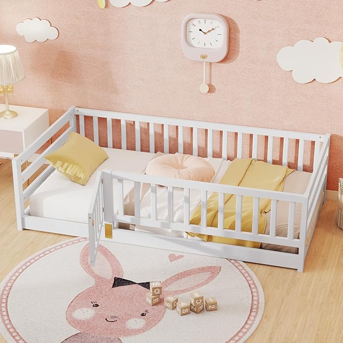 KOMFOTT Twin Size Wood Floor Bed with Door & 21.5” Fence, Montessori Bed Frame with Full Length Safety Guardrails, Door & Latch, Wooden Montessori Floor Bed for Kids, Girls, Boys