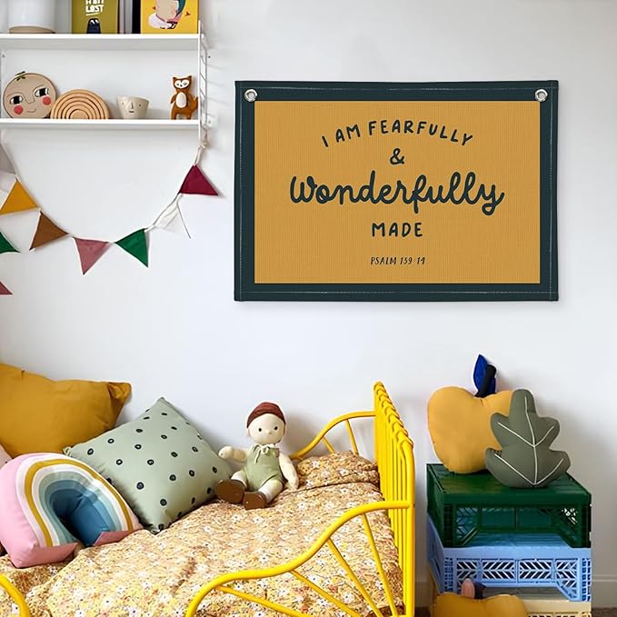 Kids Room Decor - Bible Verse Wall Hanging, 'I am Fearfully and Wonderfully Made' Linen Banner, Canvas Decoration for Classroom, Nursery - Retro