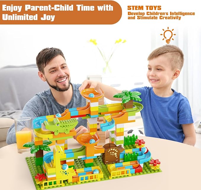 JIXIn Dinosaur Marble Runs for Kids 4-8 Building Blocks 187Pcs Compatible with Lego DUPLOS for Age 2-5 - Marble Run for Kids Ages 3-5 - Montessori Toys - STEM Toys - Fun Dinosaur Toys for Kid Ages 3+