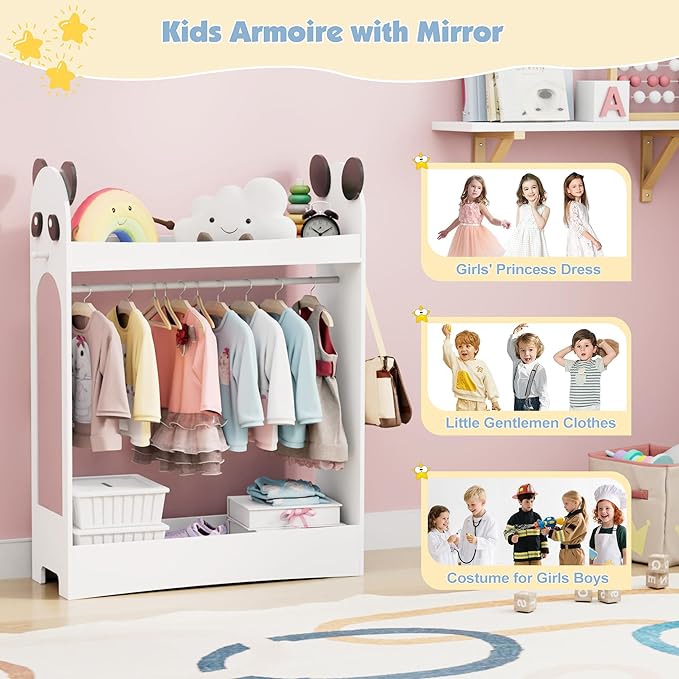Kids Dress Up Storage Rack Mirror Wood Child Wardrobe 2 Hooks 2 Fabric Bins Toddler Closet Girls Boys Open Hanging Armoire Storage Shelf Coat Costume Hat Shoe (White)