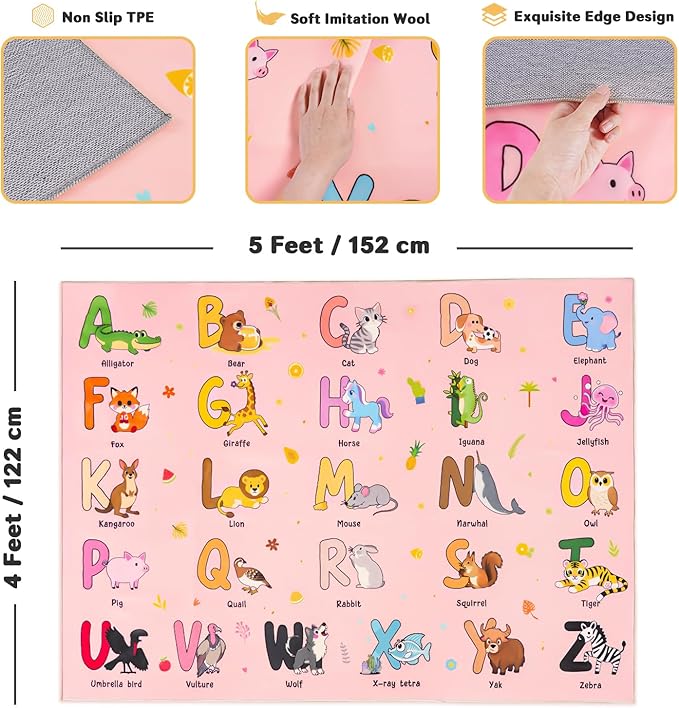 Kids Rugs for Playroom, 4x5 Feet Educational Rug for Learn The ABC Alphabet, Soft Machine Washable Non-Slip Cute Cartoon Animals Carpet for Classroom Toddler Nursery Kids Room Decor, Pink