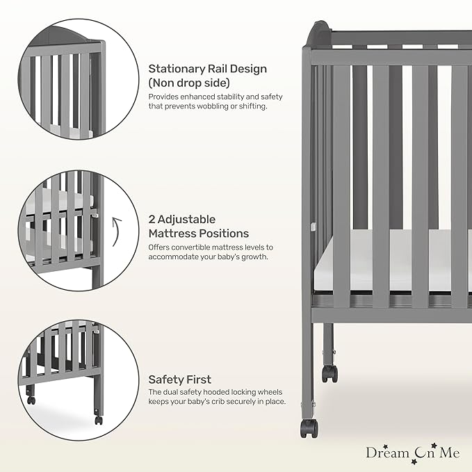 Dream On Me 2-in-1 Folding Portable Compact Mini Baby Crib in Steel Grey, GreenGuard Gold & JPMA, US Patented Flat Folding System, Locking Wheels, 1″ Mattress Pad, Space-Saving Quck Fold Easy Storage