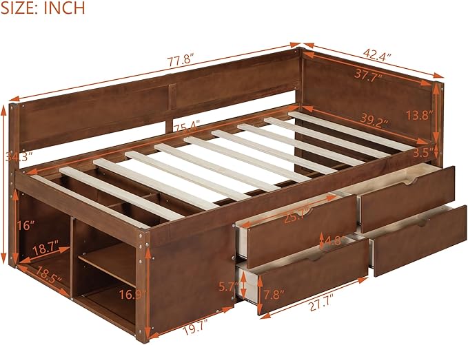 Twin Size Daybed with 4 Storage Drawers and Shelves, Wooden Twin Platform Bed Frame with L-Shaped Headboard and Slats Support, Corner Bed Twin Captain Beds for Kids Boys Girls Teens, Walnut