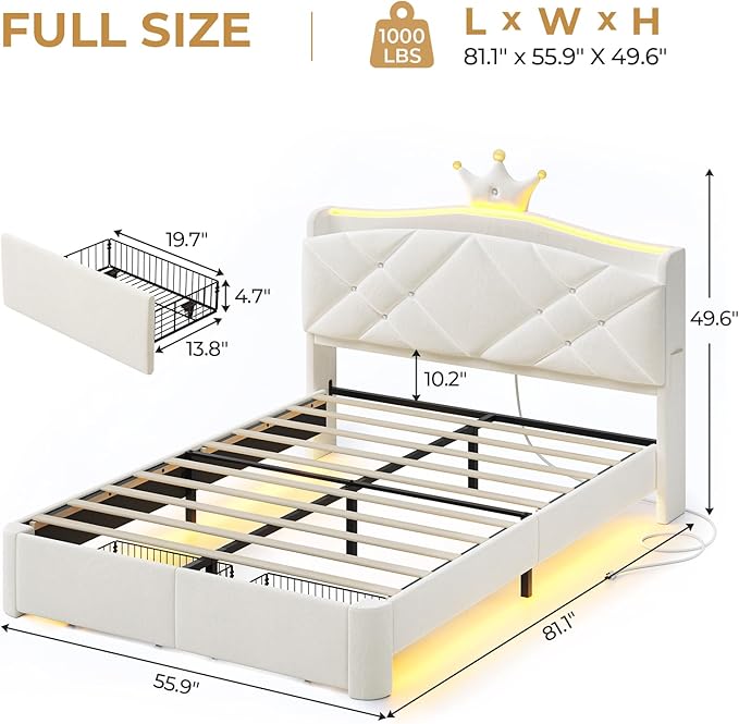 MSmask Full LED Bed Frame with Storage Headboard & 2 Storage Drawers, Princess Upholstered Bed with Charging Station & Crystal Button & Crown, Velvet Platform Bed for Girls, Curved Legs, White