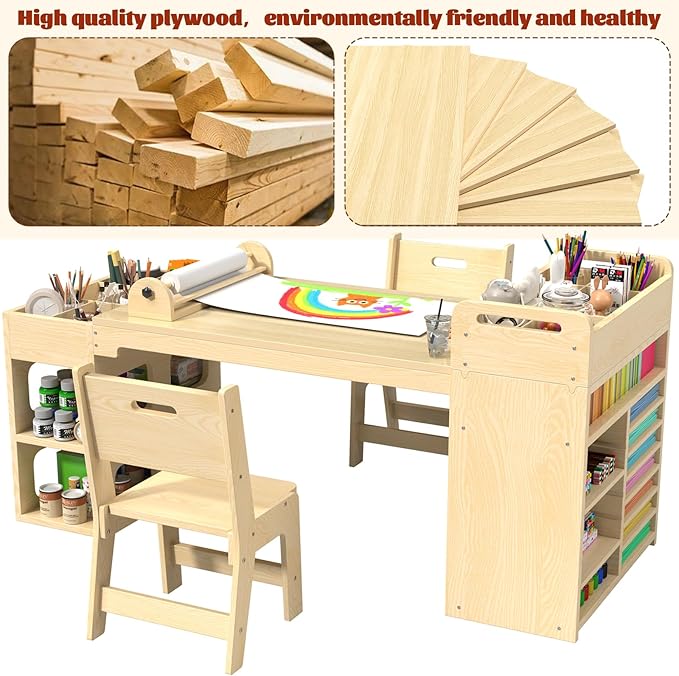 50"x22" Kids Art Table and Chair Set, Kids Craft Table with Paper Roll and 2 Chairs,Kid Activity Desk with Storage and Portable Supply Organizer for Writing, Drawing, Learning and Reading