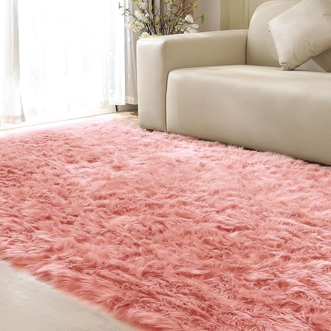 Pink Shag Washable 5x7 Area Rugs for Living Room Big Fluffy Sheepskin Fur Rug for Bedroom Shaggy Nursery Rug